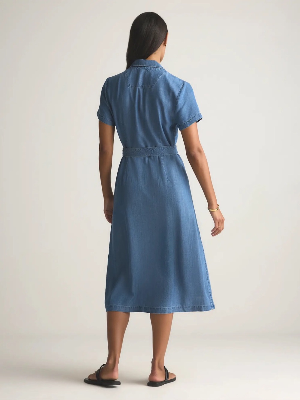 Quince Blue Button-Front Denim Midi Dress with Tie Waist - Picture 2 of 12